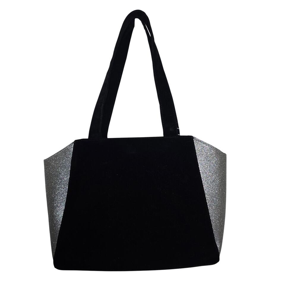 Jimmy Choo Tote Bag Black Velvet Silver Glitter Carry Overnight Velvet 15x12x6 - Picture 2 of 6